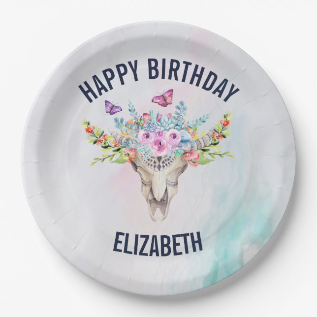 Boho Animal Skull with Butterflies and Flowers Paper Plate (Front)