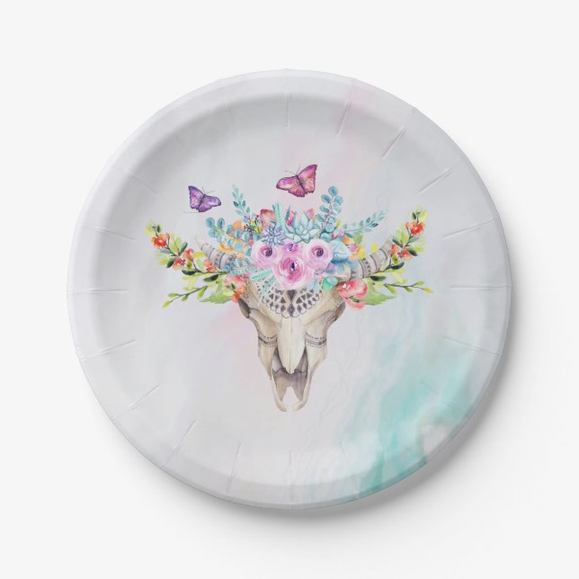 Boho Animal Skull with Butterflies and Flowers Paper Plate (Front)