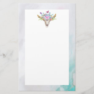 Boho Animal Skull with Butterflies and Flowers Stationery