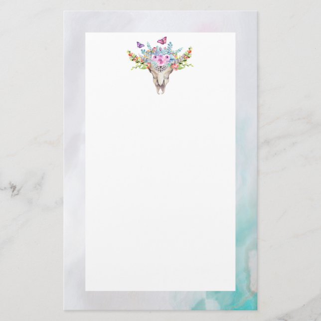 Boho Animal Skull with Butterflies and Flowers Stationery (Front)