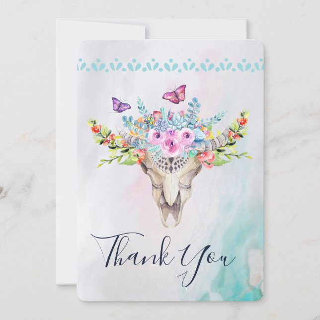 Boho Animal Skull with Butterflies and Flowers Thank You Card (Front)