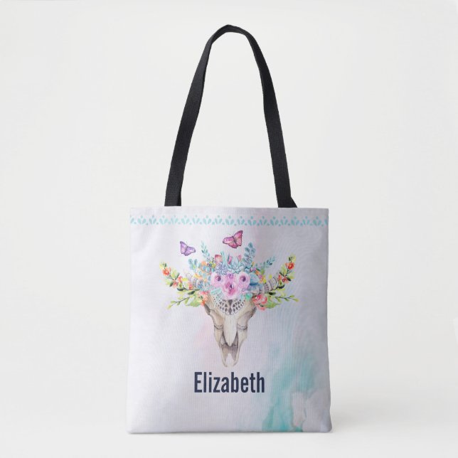 Boho Animal Skull with Butterflies and Flowers Tote Bag (Front)