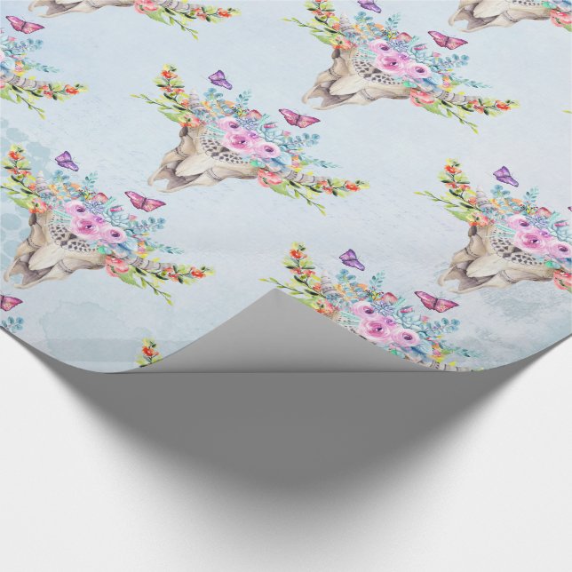 Boho Animal Skull with Butterflies and Flowers Wrapping Paper (Corner)