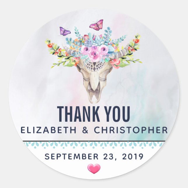 Boho Animal Skull with Butterflies Wedding Thanks Classic Round Sticker (Front)