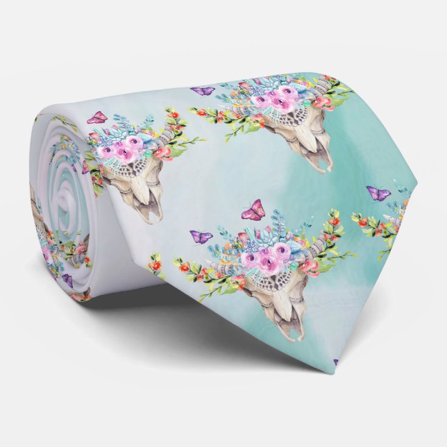 Boho Animal Skull with Flowers Pattern Tie (Rolled)