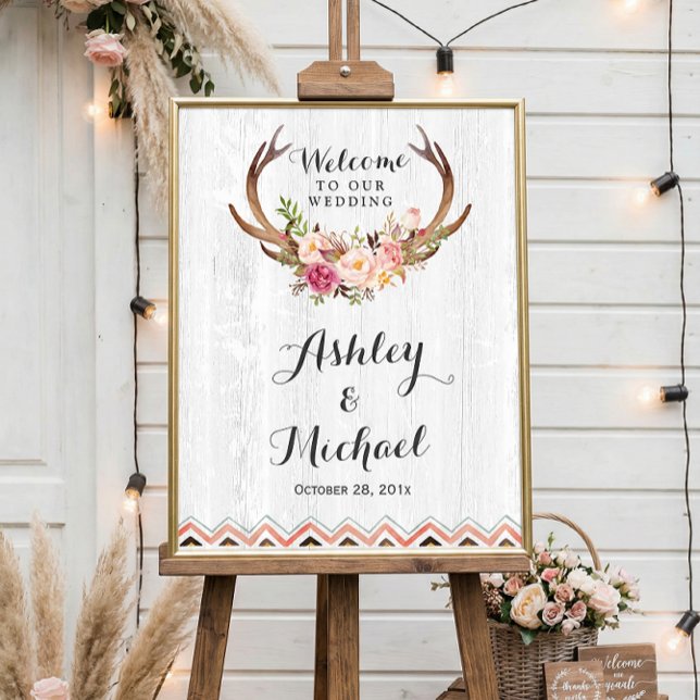 Boho Antler Floral Rustic White Wood Wedding Sign (Creator Uploaded)