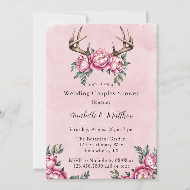 Boho Antler Pink Peonies Wedding Couples Shower Invitation (Front)