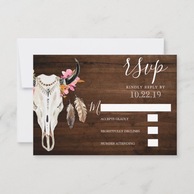 Boho Antler Rustic Dark Wood Wedding RSVP Card (Front)