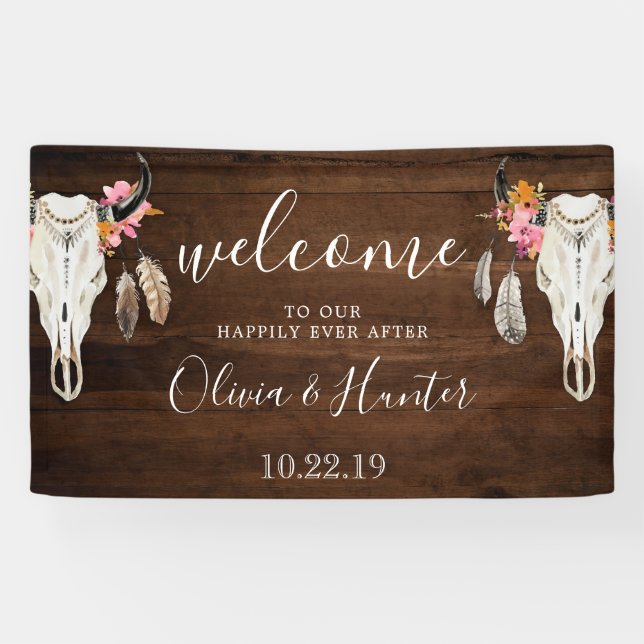 Boho Antler Skull Dark Wood Wedding Welcome Banner (Horizontal)