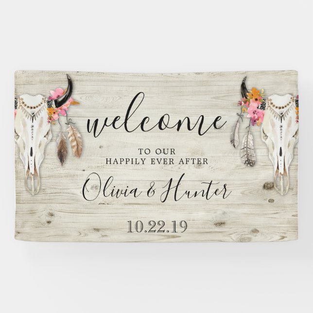 Boho Antler Skull Light Wood Wedding Welcome Banner (Horizontal)