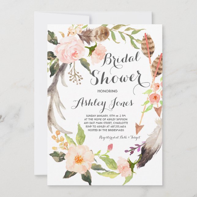 Boho antler succulents Bridal Shower Invitation (Front)