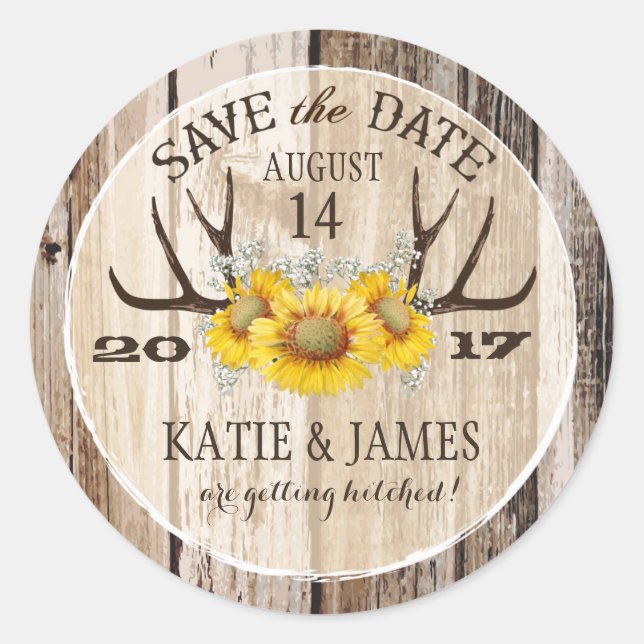 Boho Antler Sunflowers Wood Save the Date Classic Round Sticker (Front)