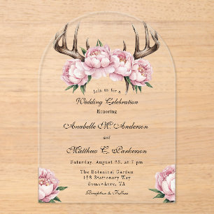 Boho Antler with Pink Peonies Wedding Celebration Acrylic Invitations