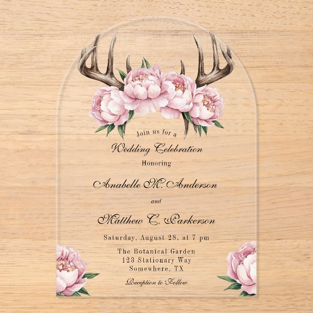 Boho Antler with Pink Peonies Wedding Celebration  Acrylic Invitations (Front)