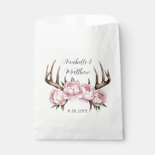 Boho Antler with Pink Peonies Wedding Favour Bags (Front)