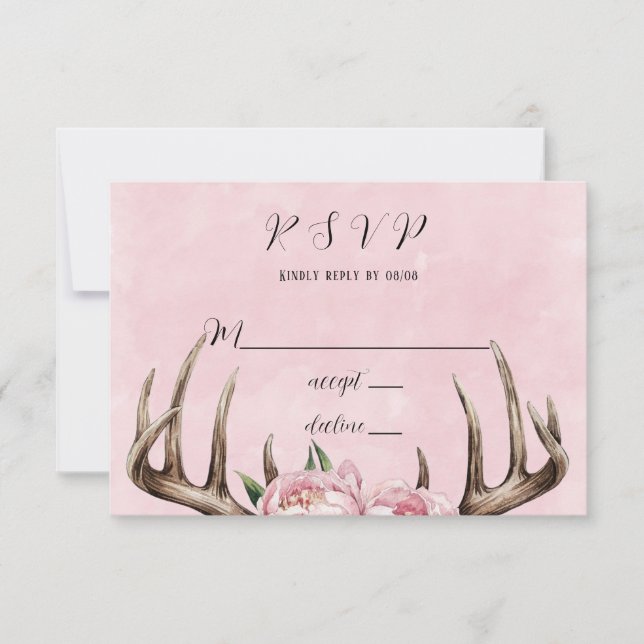 Boho Antler with Pink Peonies Wedding RSVP Card (Front)