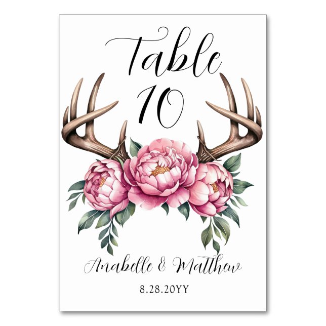 Boho Antler with Pink Peonies Wedding Table Number (Front)