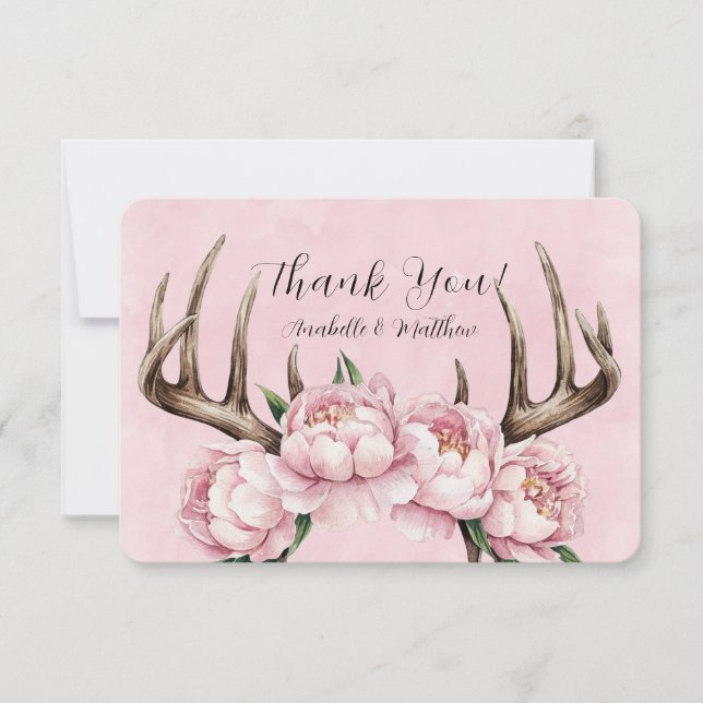 Boho Antler with Pink Peonies Wedding Thank You Card (Front)