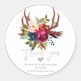 Boho Antlers+Burgundy Blush Navy Flowers Thank You Classic Round Sticker