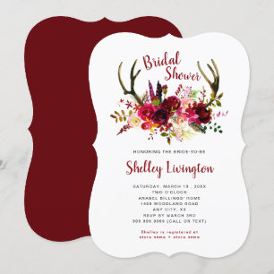 Boho Antlers Marsala Floral Bridal Shower Invitation