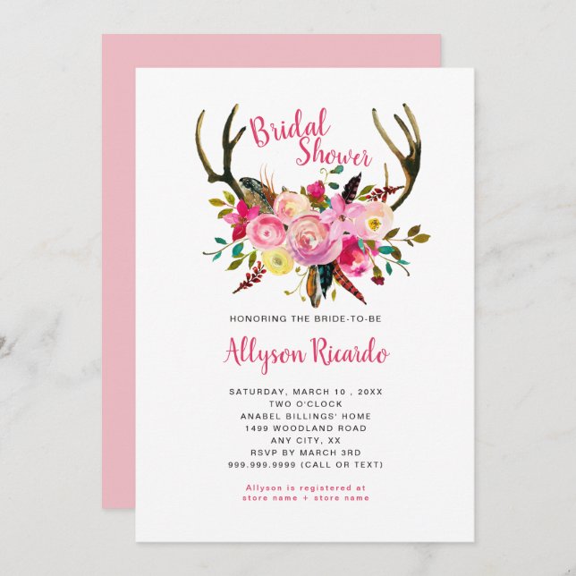Boho Antlers Pink Mix Floral Bridal Shower Invitation (Front/Back)