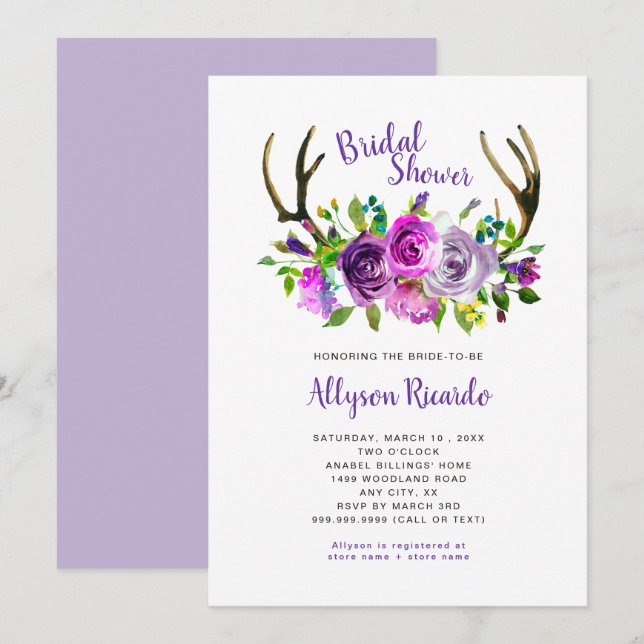 Boho Antlers Purple Mix Floral Bridal Shower Invitation (Front/Back)