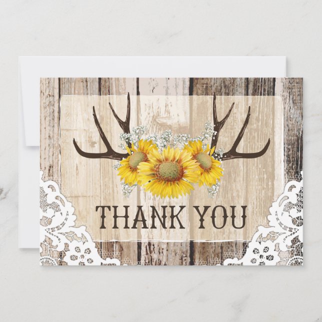 Boho Antlers Rustic Wood Sunflowers Lace Thank You (Front)