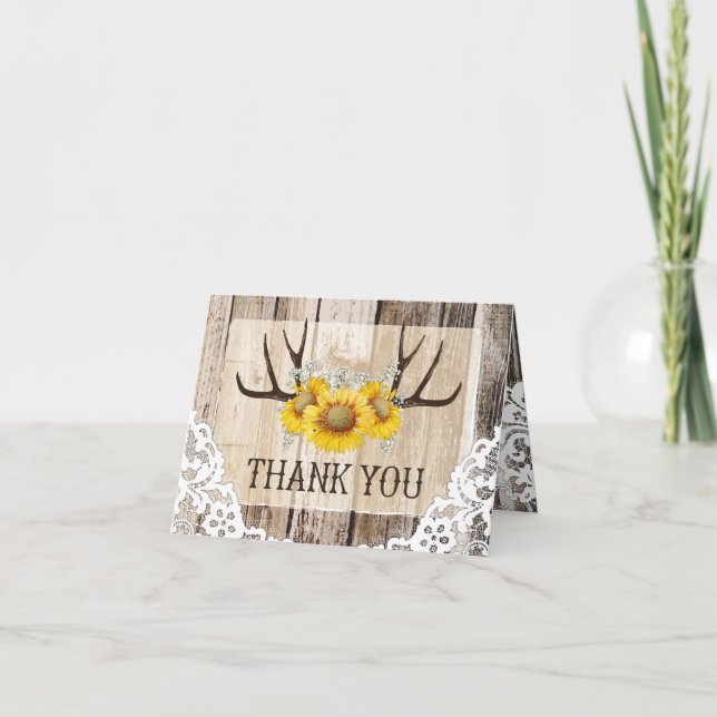 Boho Antlers Rustic Wood Sunflowers Lace Thank You (Front)