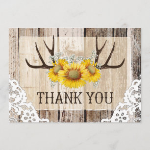 Boho Antlers Rustic Wood Sunflowers Lace Thank You Card