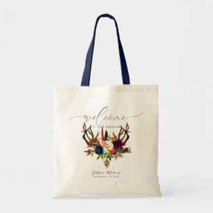 Boho Antlers+Skull Burgundy Flowers Welcome Gifts Tote Bag