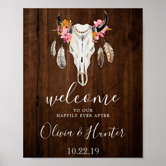 Boho Antlers Skull Dark Wood Welcome Wedding Poster (Front)