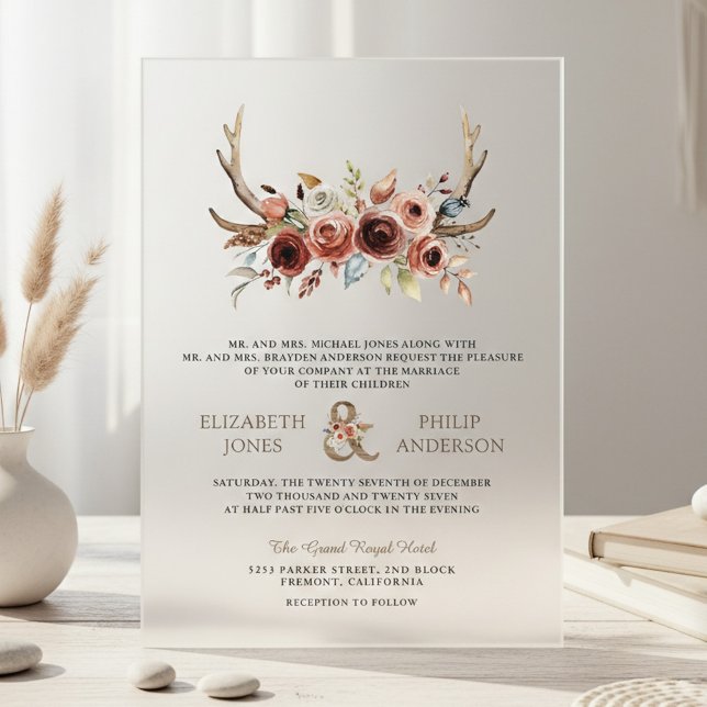 Boho Antlers Terracotta Floral Wedding Acrylic Invitations (Creator Uploaded)