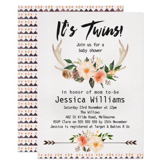 Boho Antlers Twins Baby Shower Invitation