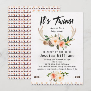 Boho Antlers Twins Baby Shower Invitation