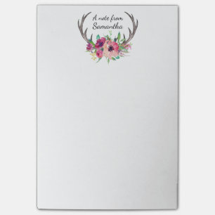 Boho Antlers Watercolor Floral with Your Name Post-it Notes