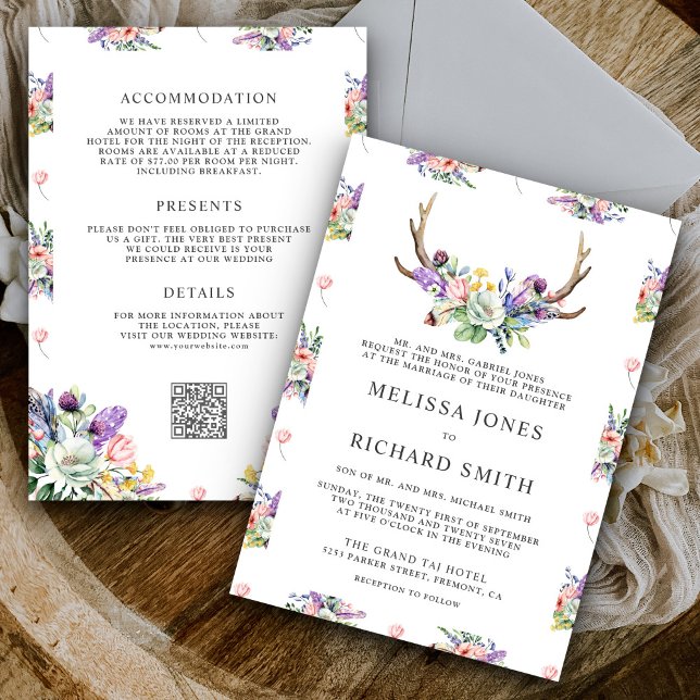 Boho Antlers Wildflower All in One QR Code Wedding Invitation (Creator Uploaded)