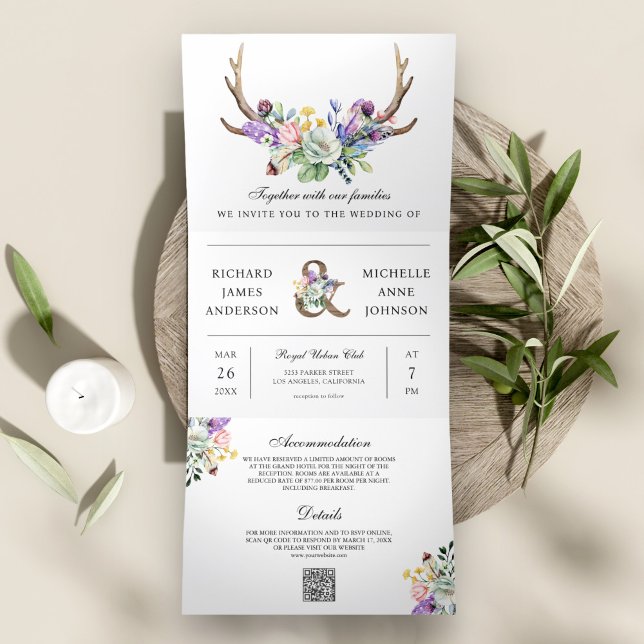 Boho Antlers Wildflower Floral QR Code Wedding Tri-Fold Invitation (Creator Uploaded)