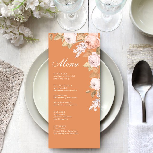 Boho Apricot Peonies Wedding Menu Card (Boho Sage Green Peonies Wedding Menu Card on a boho white wedding dinner table.)