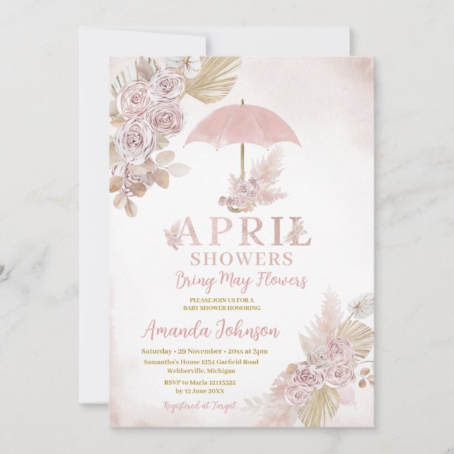Boho April Showers Bring May Pink Flowers Invitation (Front)