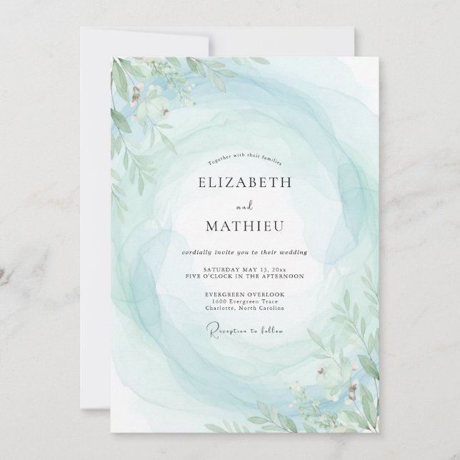 Boho Aqua Mint Leafy Wedding Invitation (Front)