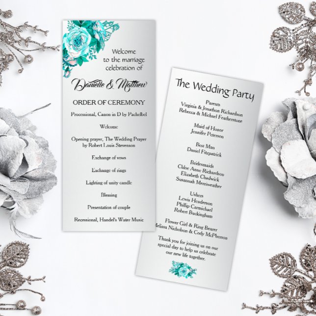 Boho Aqua Roses on Silver Wedding  Programme (Creator Uploaded)