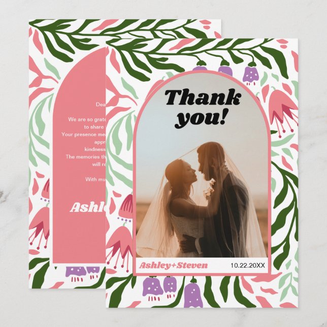Boho arch and retro flowers wedding photo thank you card (Front/Back)