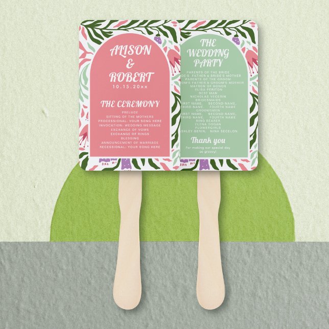 Boho arch and retro  flowers  wedding program hand fan (Creator Uploaded)
