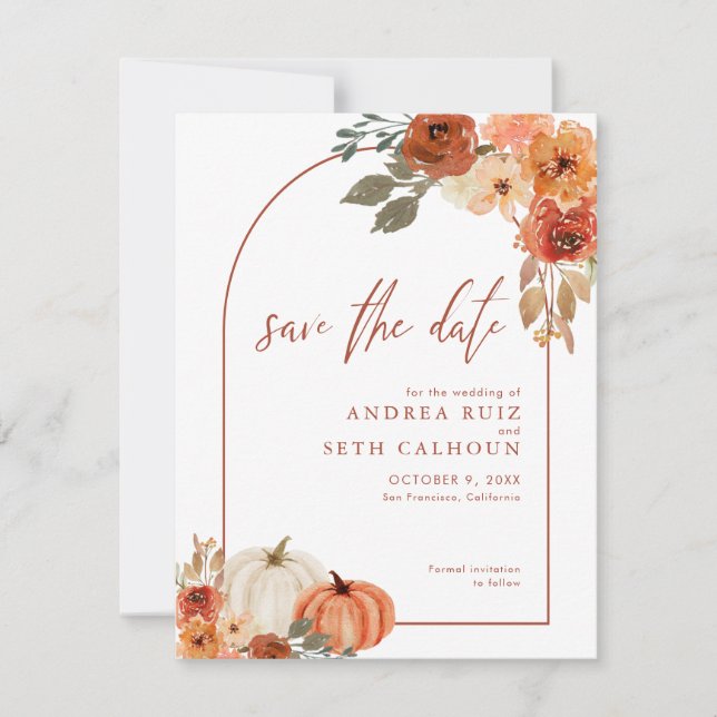 Boho Arch Autumn Pumpkin Floral Terracotta Save The Date (Front)