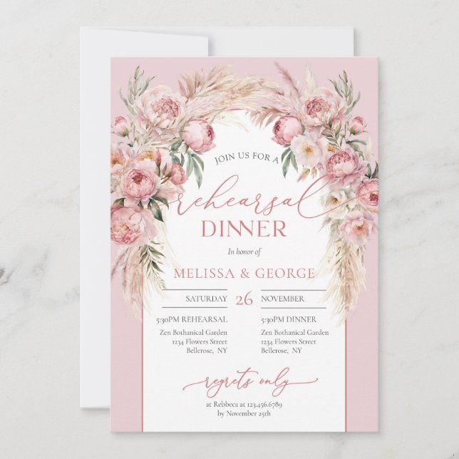 Boho arch blush peonies pampas grass eucalyptus invitation (Front)