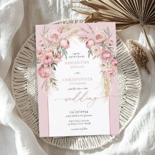 Boho arch blush peonies pampas grass eucalyptus invitation