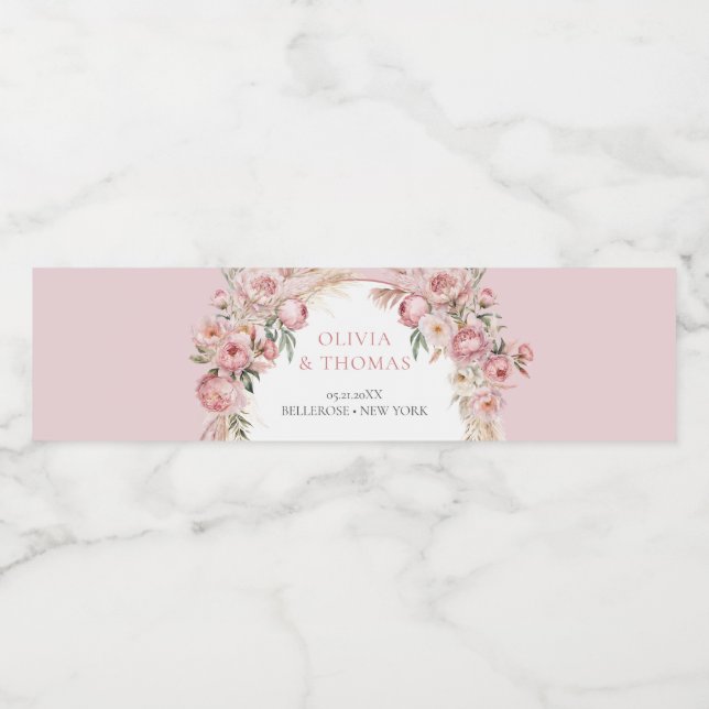 Boho arch blush peonies pampas grass eucalyptus water bottle label (Single Label)