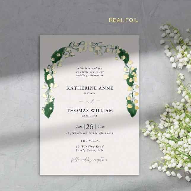 Boho Arch Chic Watercolor Lily Valley Wedding Gold (spring wedding invitation lily of the valley watercolor fine art hand drawn gold foil romantic boho )