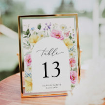 Boho Arch Colourful Floral Wedding Table Number
