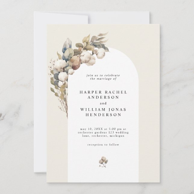 Boho arch cotton & eucalyptus wedding invitation (Front)